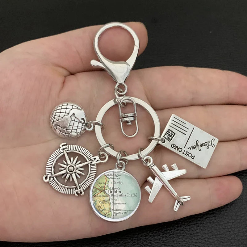 New ideas Earth plane keychain pendant earth compass personality memorial key ring gift for travel lovers