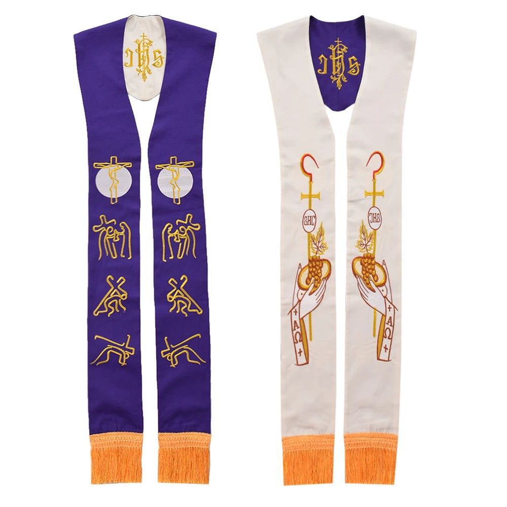 Clergy Stole Church Overlay Double Sided Cross Gold Tassels Scarf for Priest Choir