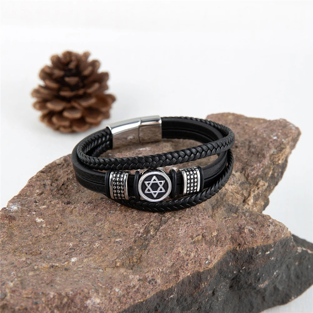 Retro Norse Hexagram Star of David Bracelet Men Stainless Steel Six Point Star Amulet Leather Wristband Religion Jewish Jewelry