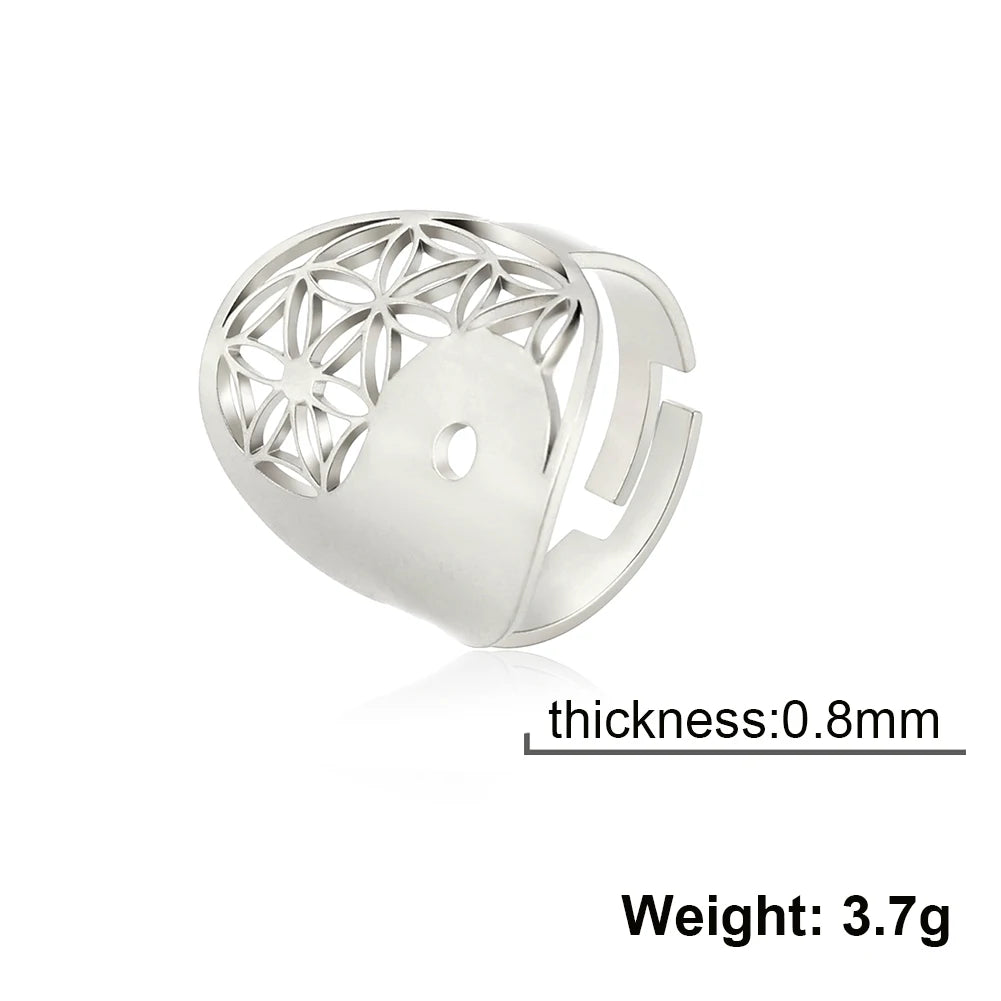 Unift Sacred Geometry Flower of Life Ring Adjustable Stainless Steel Ring Men Women Accessories Vintage Filigree Jewelry Gifts
