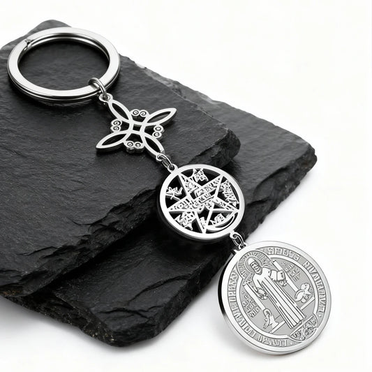 Triple Protection Pendant Keychain with Witch Knot and St Benedict Exorcism Medal Pentagram Tetragrammaton Keyring Amulet