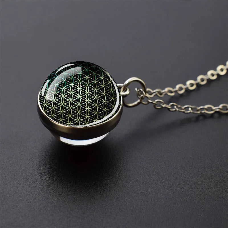 Sacred Geometry-Metatron's Cube Necklaces Sri Yantra Mandala Double Side Glass Ball Pendant Necklace Buddhist Yoga Jewelry Gift