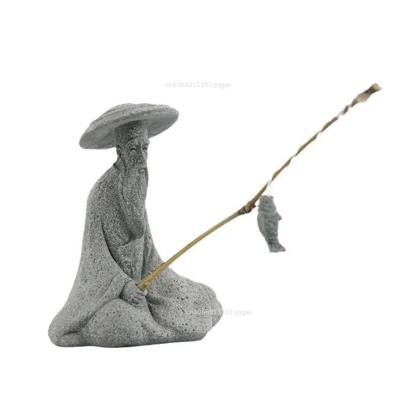 Fish Tank Garden Sitting Fishing Sandstone Vintage Ornament Aquarium Mini Fisherman Statue Asian Zen Decoration  Home Decor