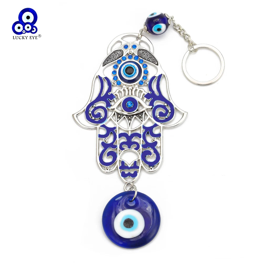 Lucky Eye Alloy Fatima Hamsa Hand Wall Hanging Glass Turkish Evil Eye Keychain Car Keyring for Women Men pulseras bijoux צמידים