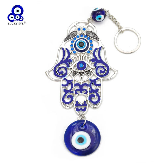 Lucky Eye Alloy Fatima Hamsa Hand Wall Hanging Glass Turkish Evil Eye Keychain Car Keyring for Women Men pulseras bijoux צמידים