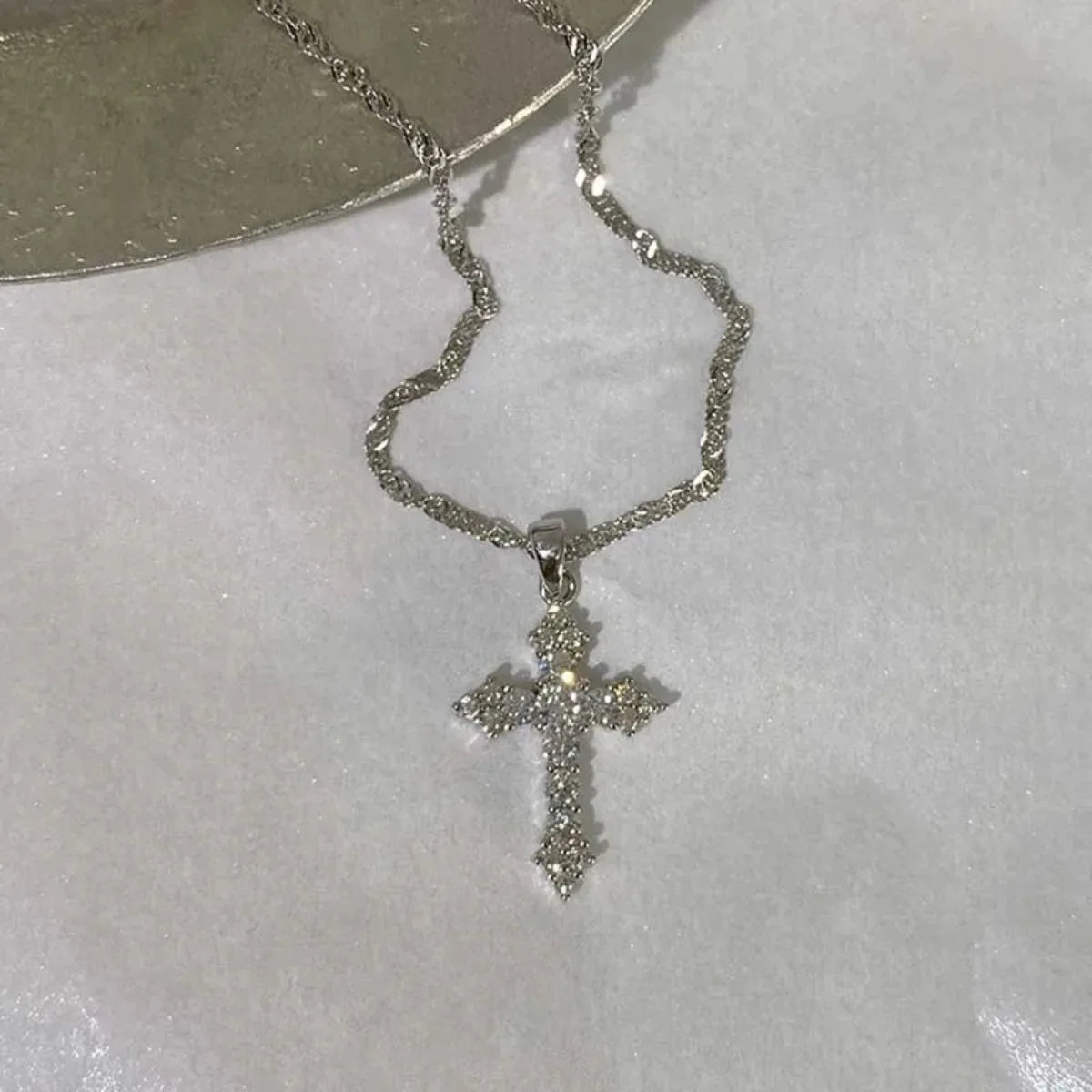 Zircon Cross Pendant Necklace, Silver Thin Chain for Women, Punk Style Party Birthday Jewelry Gift
