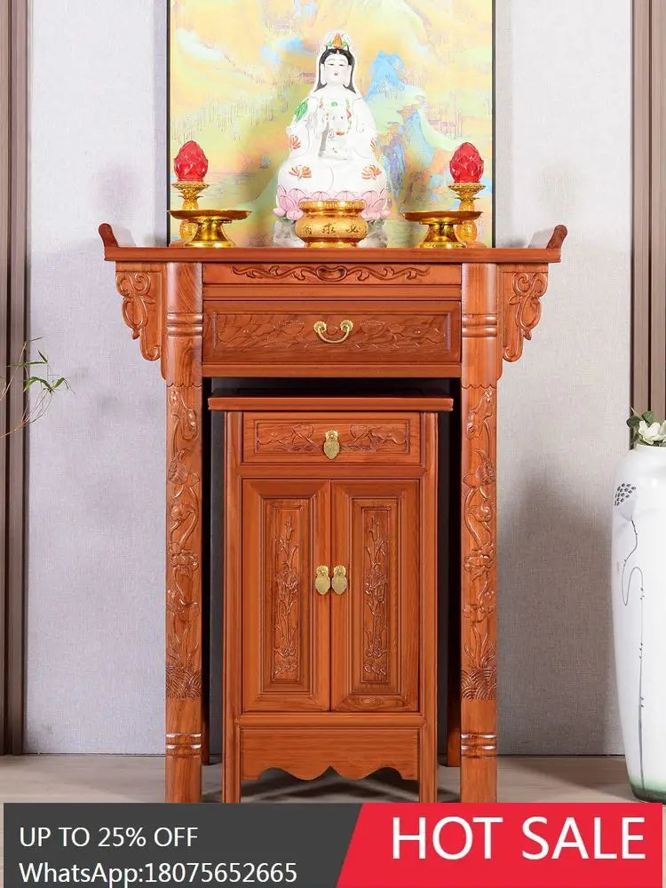 SGF Altar Table with Elevated Indoor Altar Cabinet for Home Use, Complete Set with Two-Tier Offering Table
