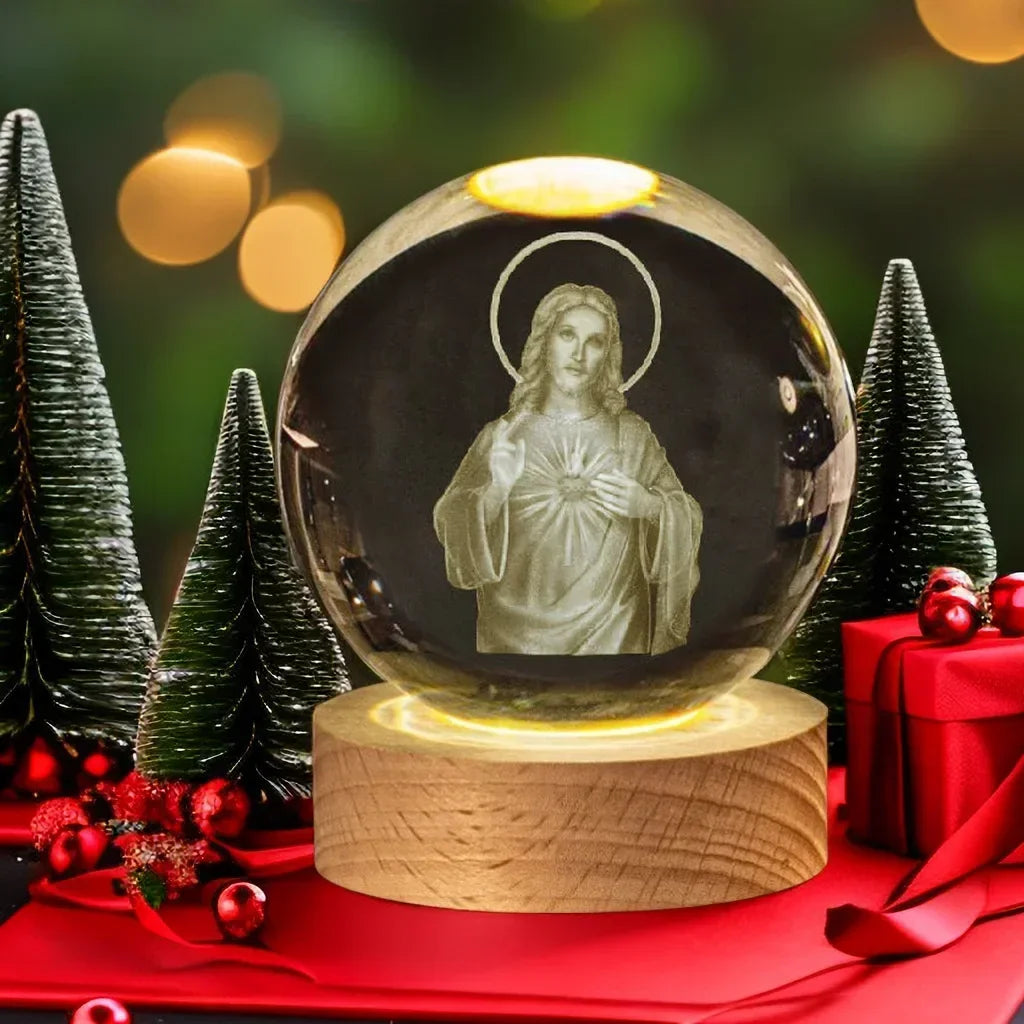 Illuminated Jesus and Virgin Mary Crystal Ball Set with Cross for Devotion rosarios catolicos  jesus christ