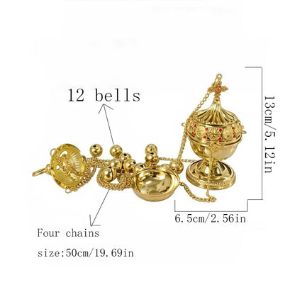 Byzantine Gold Plated Orthodox Hanging Incense Burner with Bells Enamel for Church Liturgy Home Altar Prayer Christian Decor
