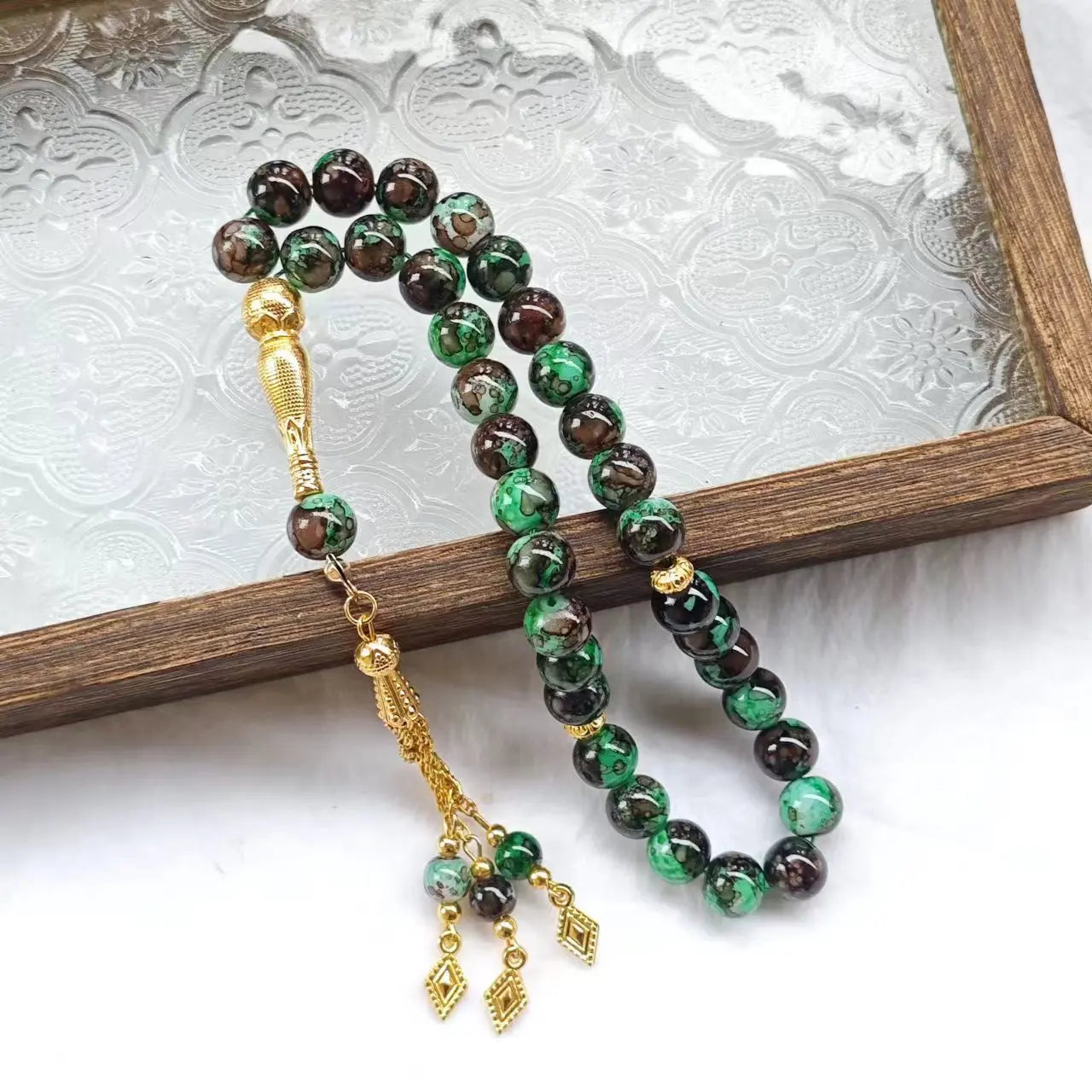10mm Large Flower Beads 33pcs Glass Prayer Beads Muslim Tasbih Golden Tassel Handmade Rhombus Shape Retro Style Jewelry