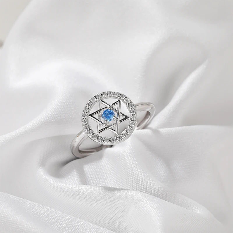 Trumium Jewish Star of David Rings for Women 925 Sterling Silver Blue Zirconia Open Finger Ring Protection Amulet Jewelry Gifts