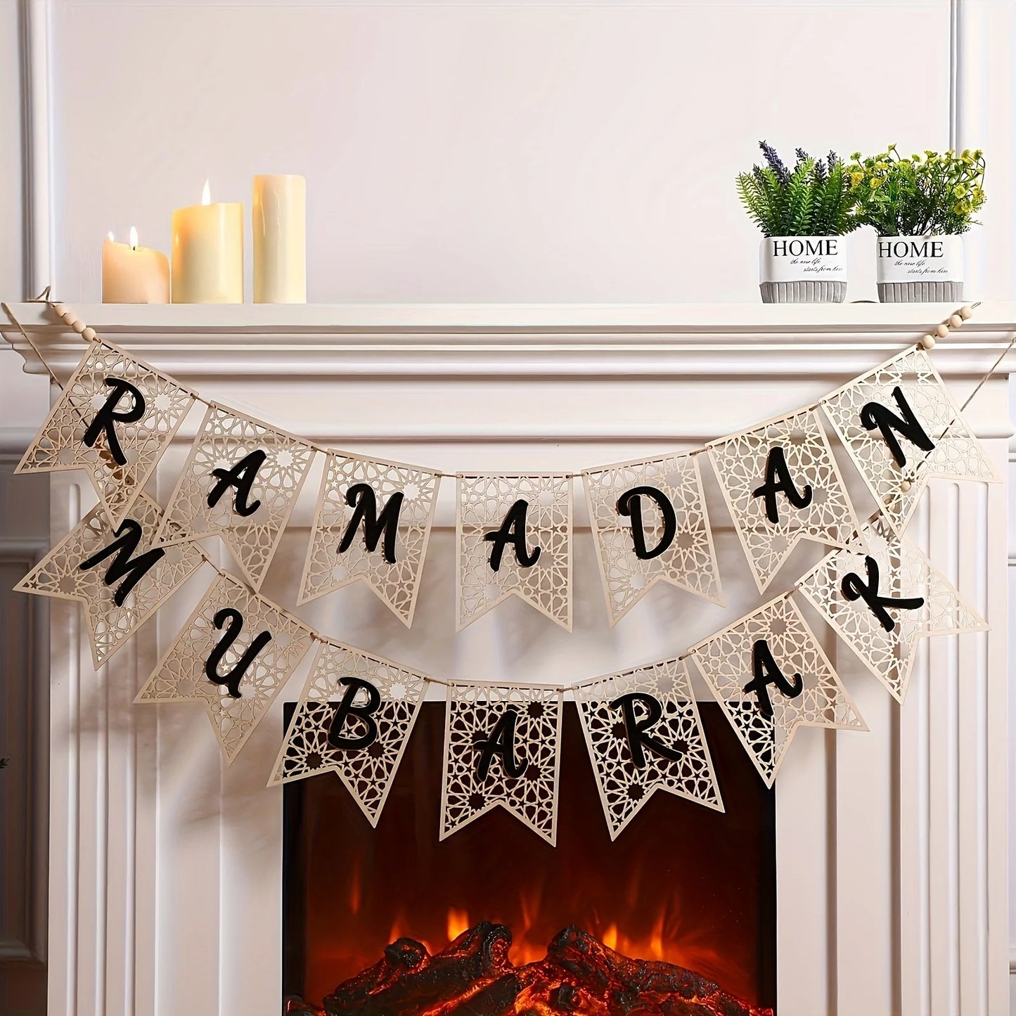 2pcs Eid Mubarak Banner Wooden Ramadan Mubarak Decoration Easy Beads Ramadan Decoration Banner Muslim Party Decoration Supplies