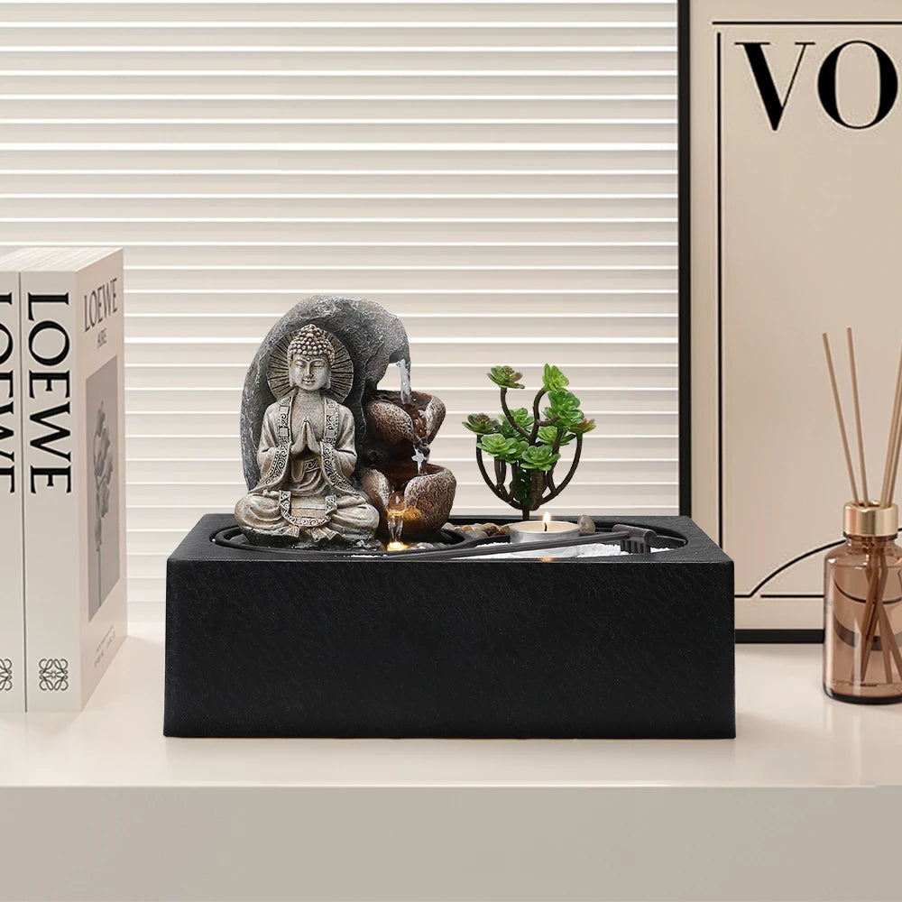 Buddha Zen Table Fountain with LED Light Indoor Buddha Statue Fountain Landscape Succulent Plants Home Decoration
