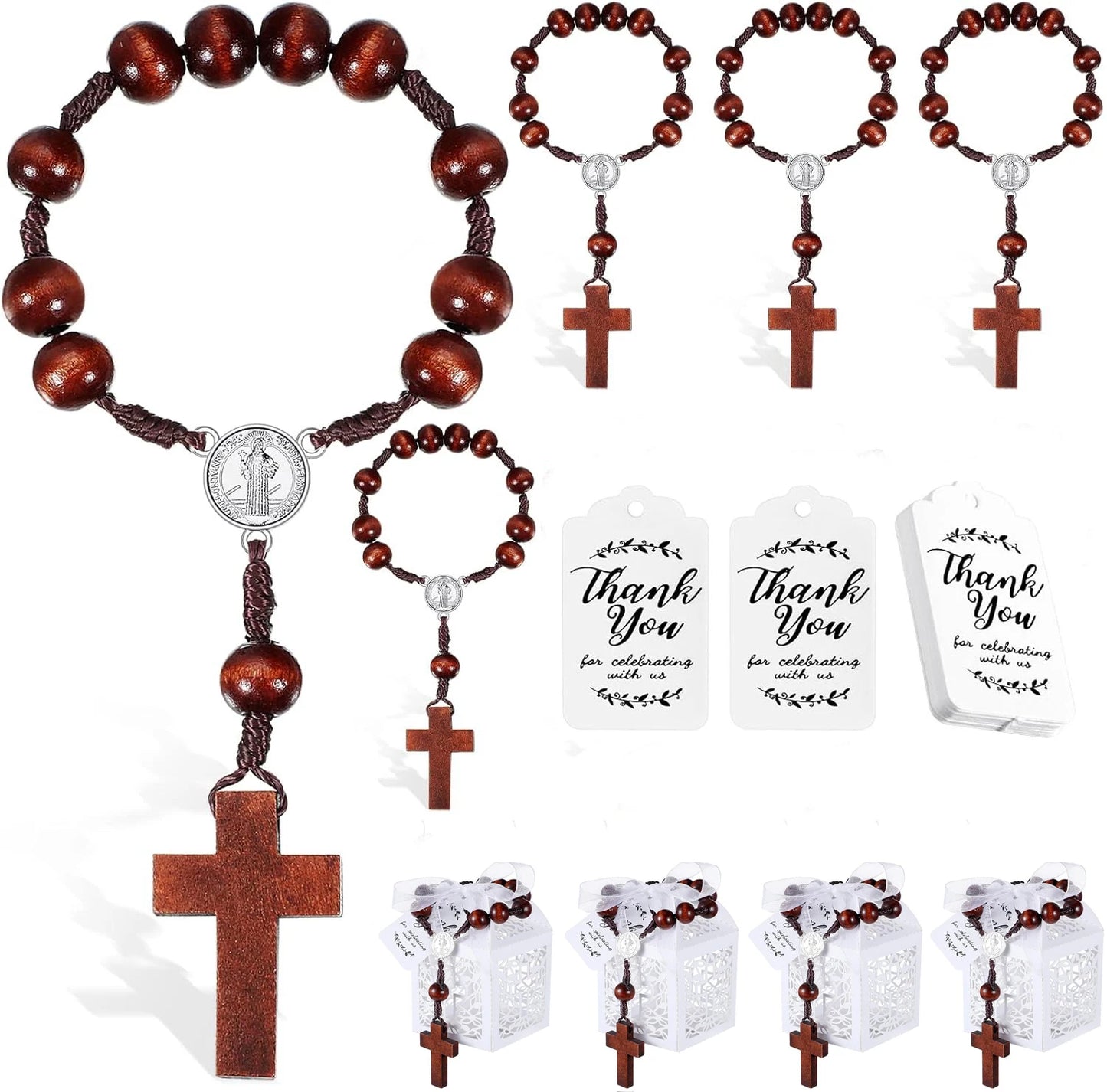 10/20pcs Christening Acrylic Rosary Beads Faux Pearls with Cross Christening Gift Box for Christening Wedding Party Favors