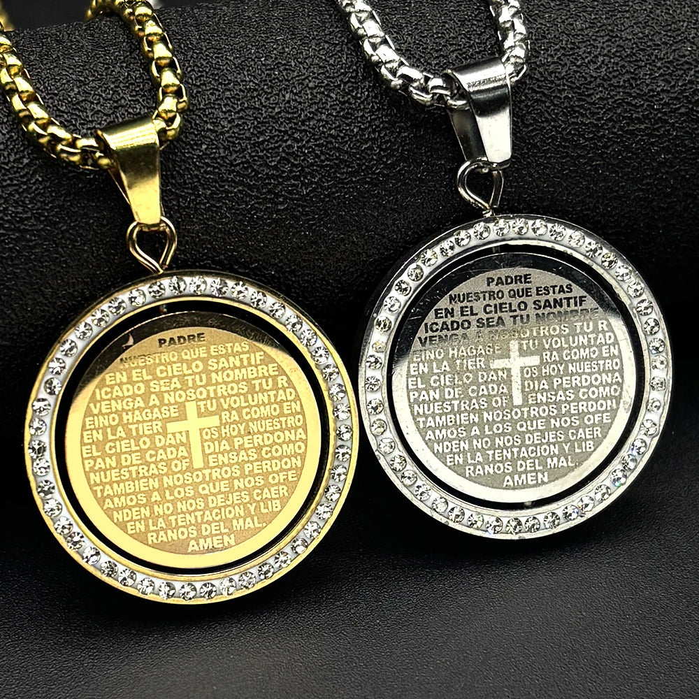 The Lord's Prayer God Jesus Cross Bible Spainsh Verse Necklace for Women Men Stainless Steel Crystals Chain Rotatable Jewelry
