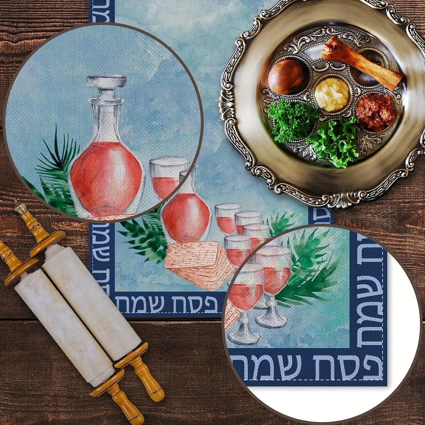 Happy Passover Wine Matzo Linen Table Runner Holiday Party Decor Jewish Pesach Seder Plate Table Runners Passover Decorations