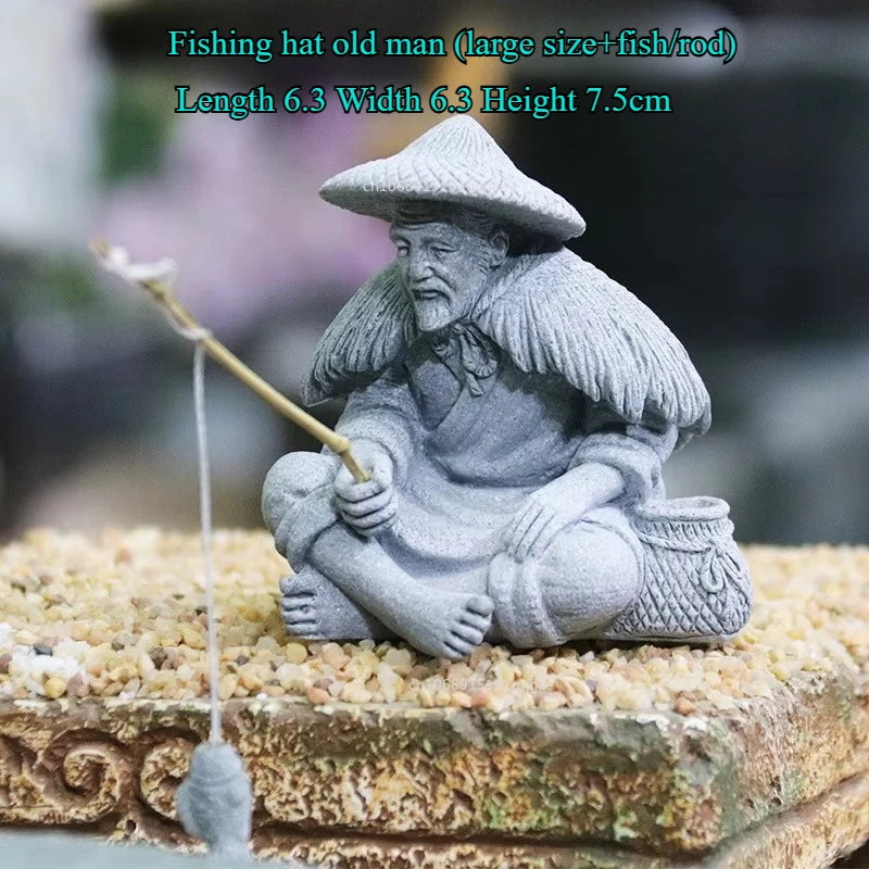 Fish Tank Garden Sitting Fishing Sandstone Vintage Ornament Aquarium Mini Fisherman Statue Asian Zen Decoration  Home Decor