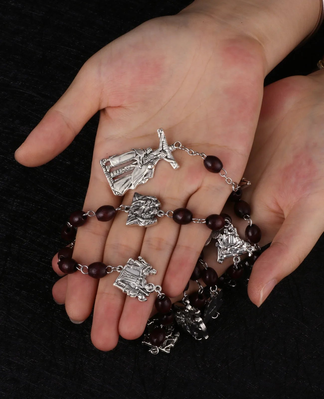 14 Stations of Cross Pendant Chaplet Rosary Necklace Wooden Prayer Beads Chain Catholic Religious Sacraments Jewelry Gifts