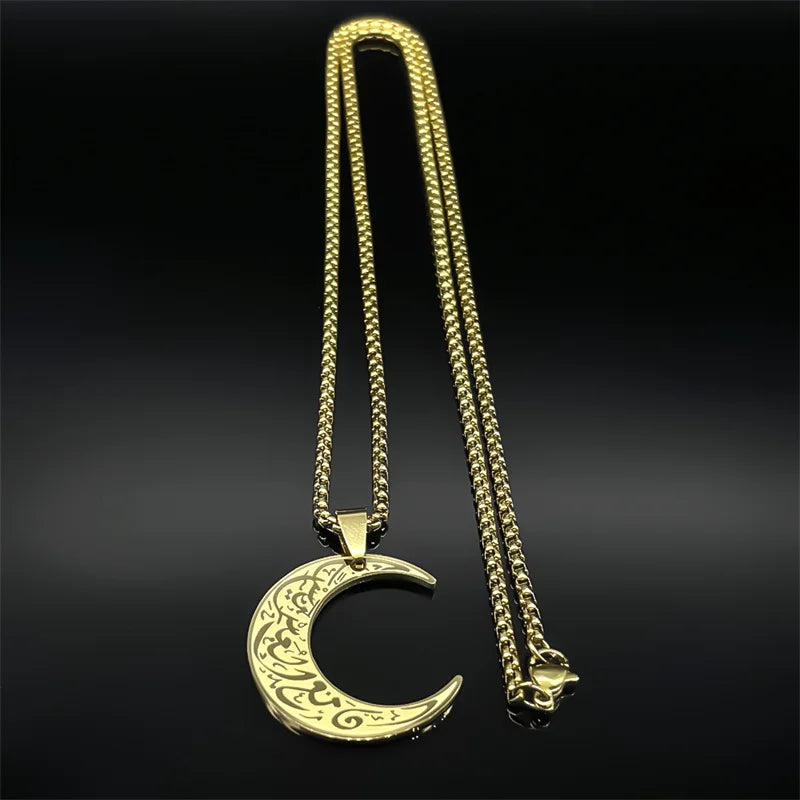 Crescent Moon Islamic Muslim Pendant Necklace for Women Men Stainless Steel Gold Color Arabic Quran Chain Amulet Jewelry Gift