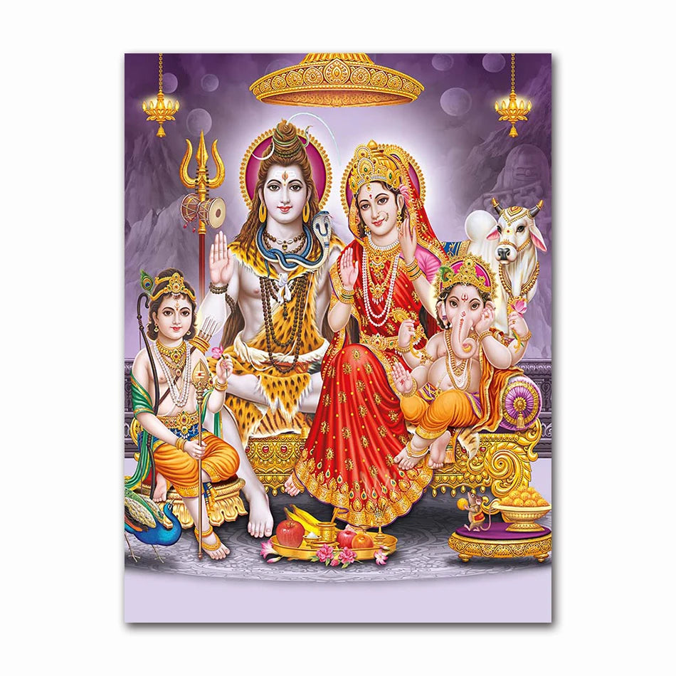 India Hindu Golden Ganesha Temple Poster Shiva Parvati Painting Canvas Prints Elephant God Religion Picture Room Hoom Wall Decor