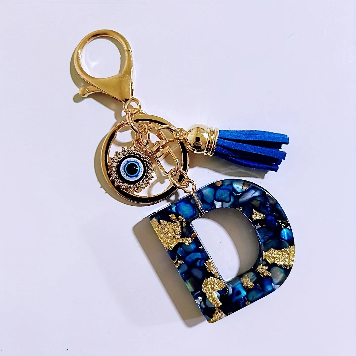 Blue Resin Initial Keychain - Evil Eye Letter Charm with Rhinestones & Tassel, Stylish Gift for Women, Lobster Clasp Accessory