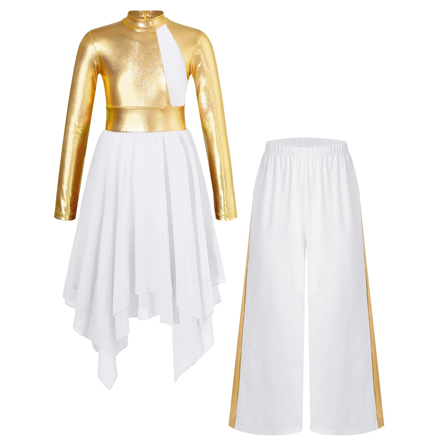 Kids Girls Praise Clothes Set Ballet Lyrical Performance Costume Metallic Church Christian Worship Robe Dress Tunic Dancewear
