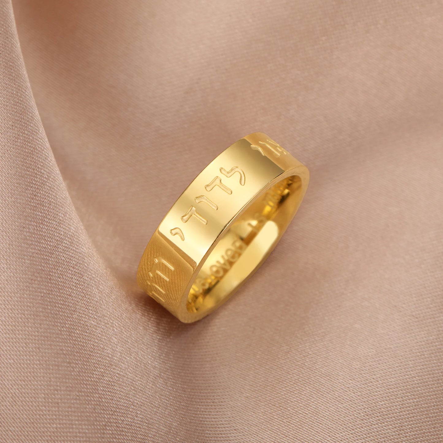 Teamer Blessing Hebrew Letter Wide Finger Ring Stainless Steel Jewish Prayer Wedding Love Commitment Jewelry for Women Men
