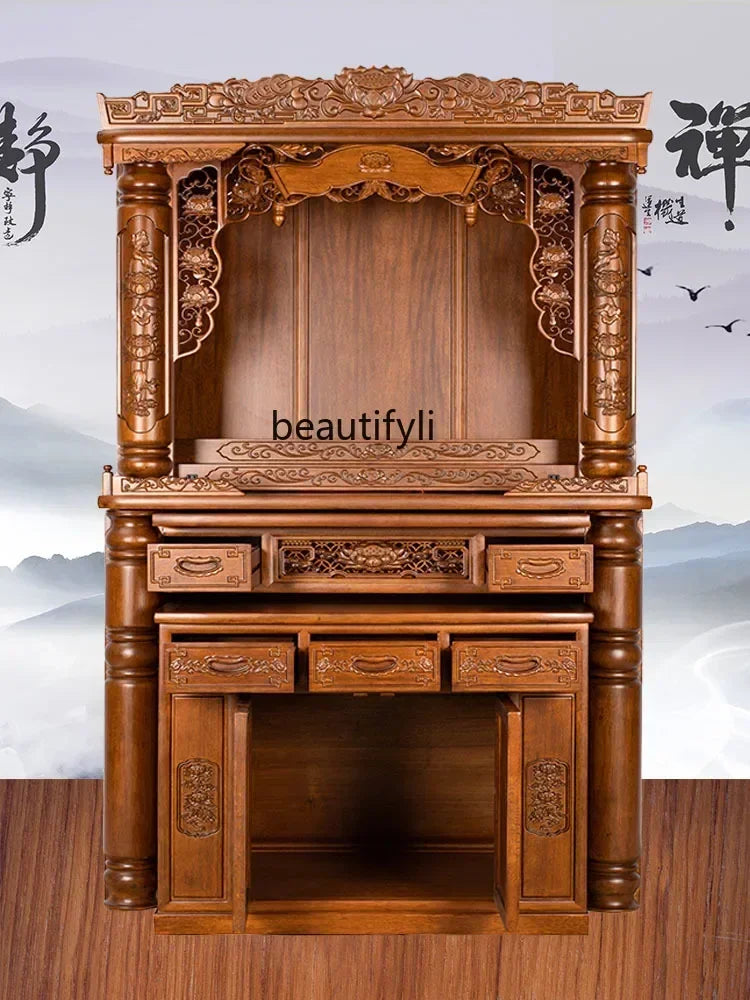 Cy  Solid Wood Buddha Shrine Buddha Cabinet Shrine Chinese Style Back Lamp Buddha Building Worship Prayer Altar Table Altar