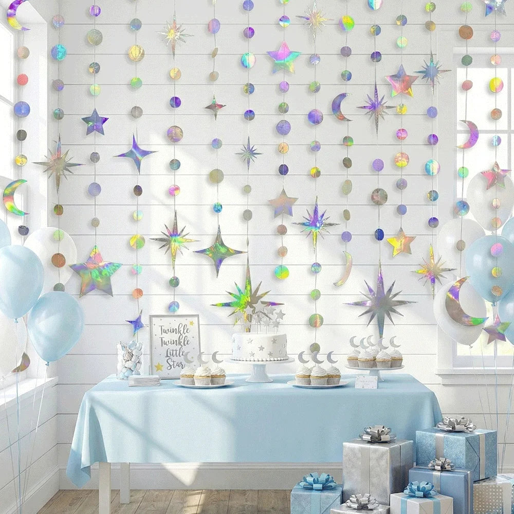 Iridescent Star Moon Circle Dot Hanging Garland Ramadan Eid Mubarak Decoration Twinkle Wedding Baby Shower Birthday Party Decor