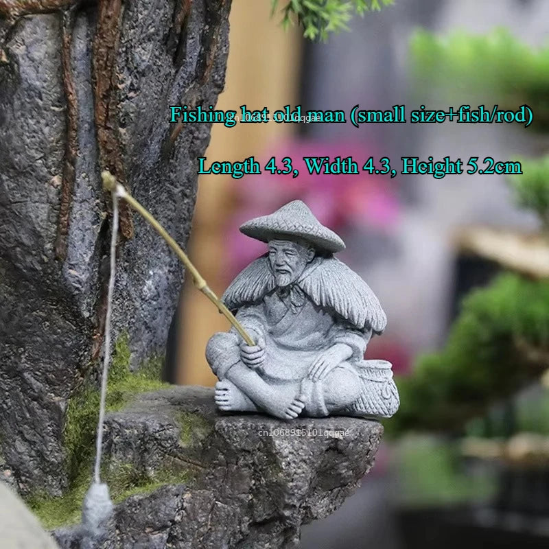 Fish Tank Garden Sitting Fishing Sandstone Vintage Ornament Aquarium Mini Fisherman Statue Asian Zen Decoration  Home Decor