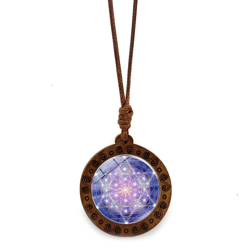 Vintage Archangel Metatron Cube Wooden Necklace Sacred Geometry Hexagram Sri Yantra Amulet Jewelry