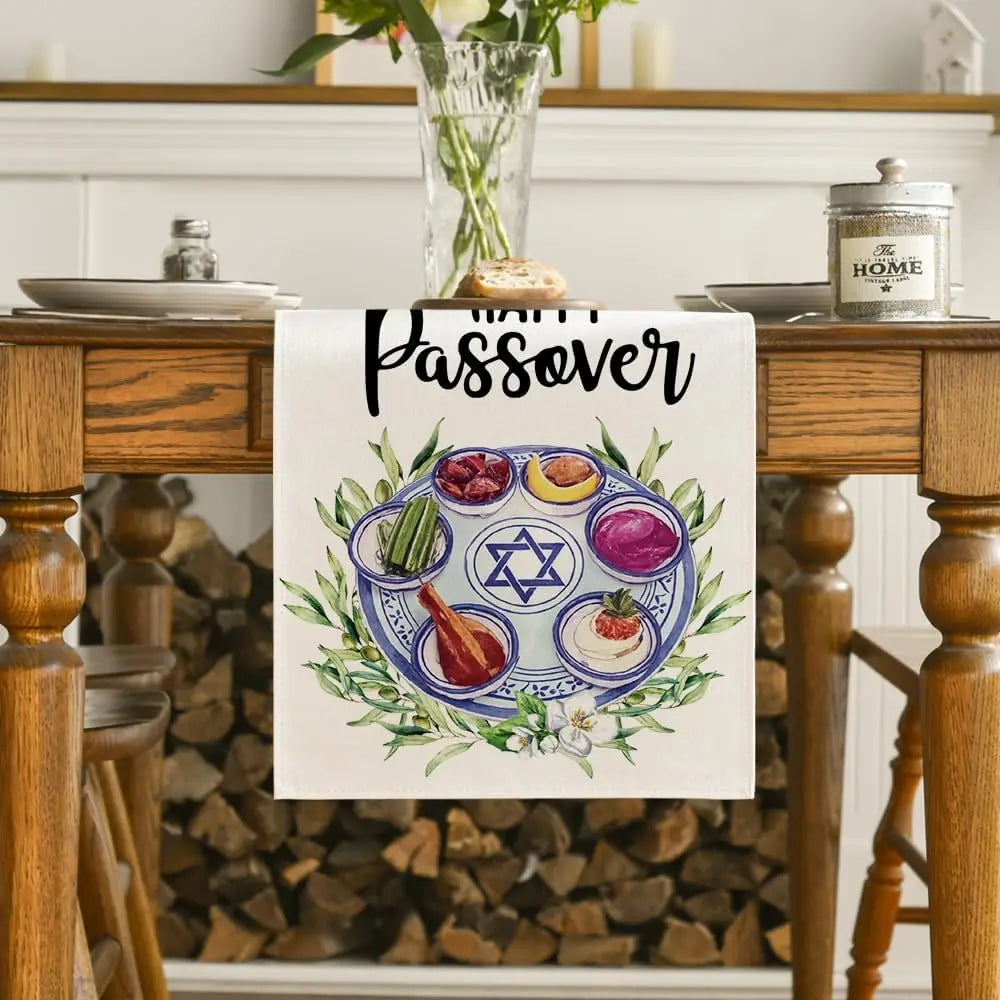 Happy Passover Linen Table Runner Holiday Party Decor Jewish Pesach Seder Plate Flowers Dining Table Runners Passover Decoration