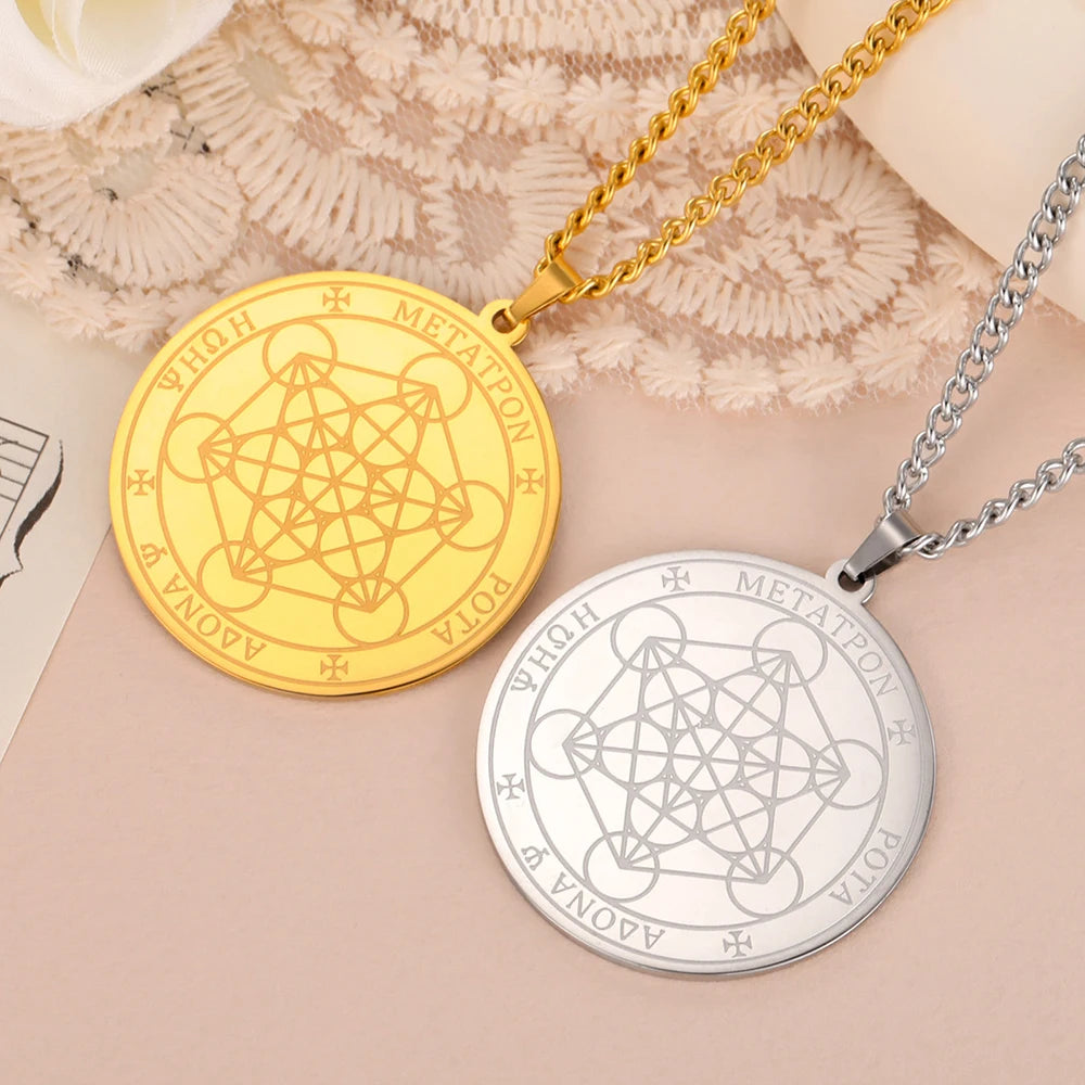 Dawapara Metatron Cube Necklace Stainless Steel Sacred Geometry Archangel Metatron Medal Pendant Protection Talisman