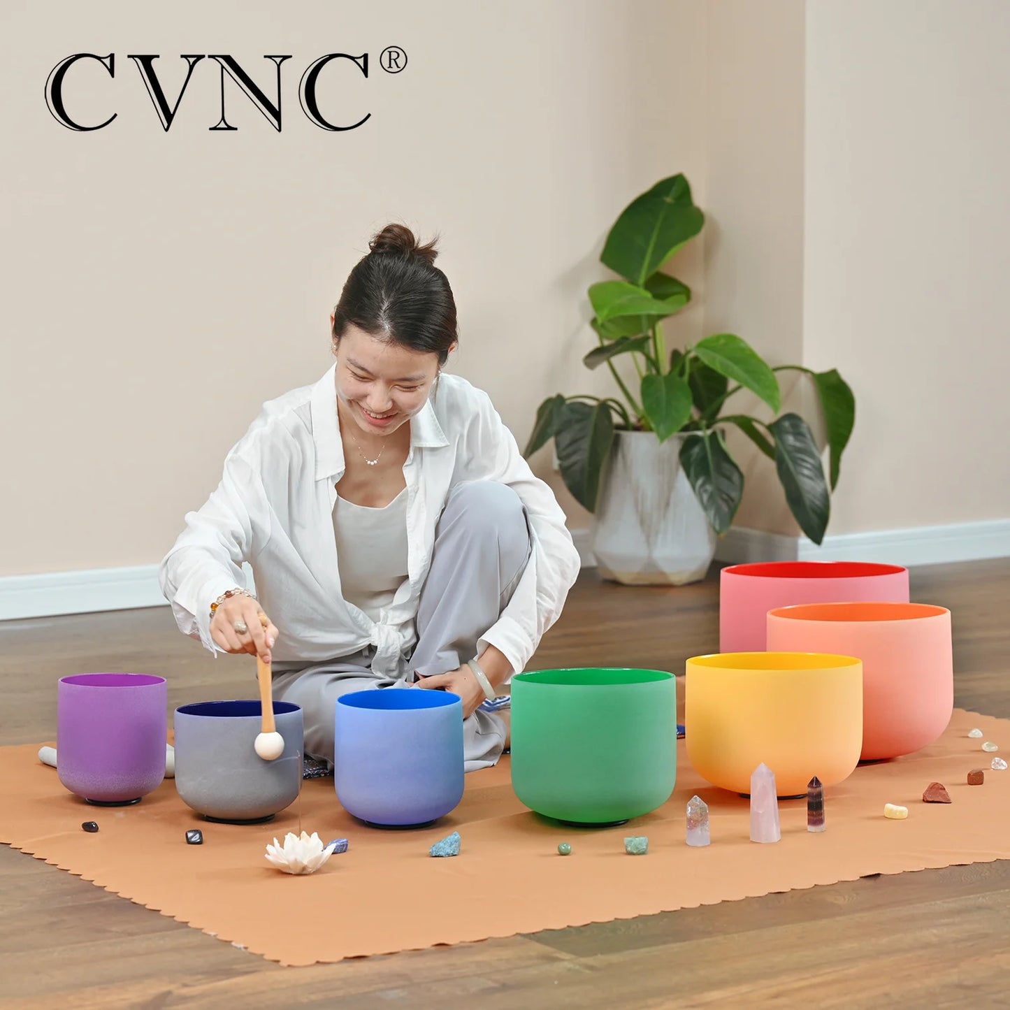 CVNC 6-12 Inch Colored Frosted Quartz Crystal Singing Bowls 7 chakra set for sound healing instrument with Bag