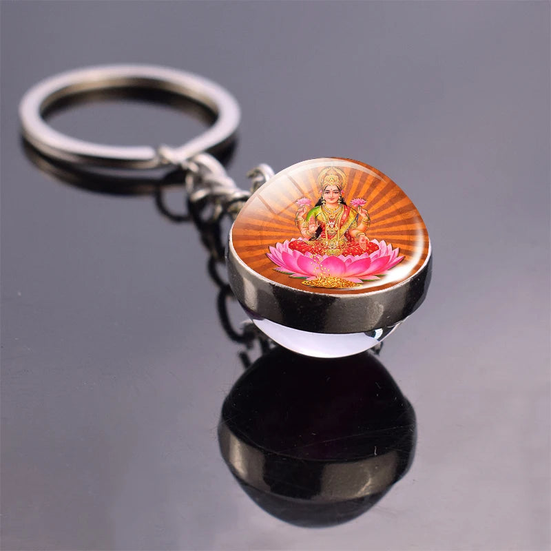 Hinduism Keychains Glass Ball Pendant Ganesha Lakshmi Shiva Goddess of Wealth Key Chains Amulet Indian Buddhist Jewelry