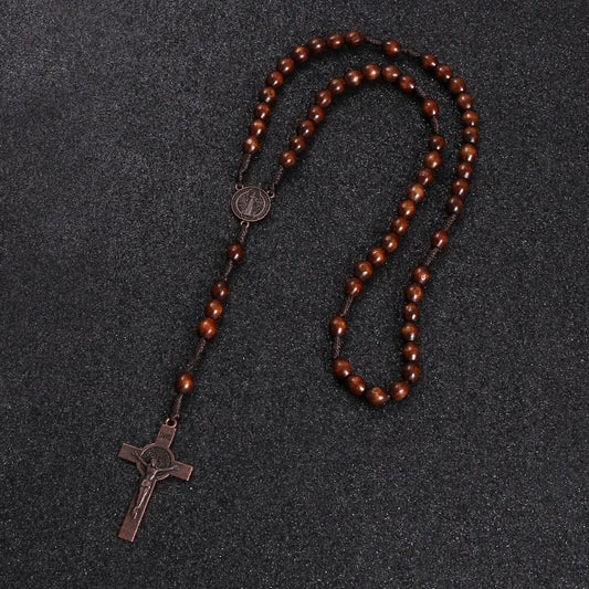 Christ Jesus Wooden Beads 8mm Rosary Bead Cross Car Pendant Woven Rope Chain Necklace Religious Orthodox Praying  Jewelry