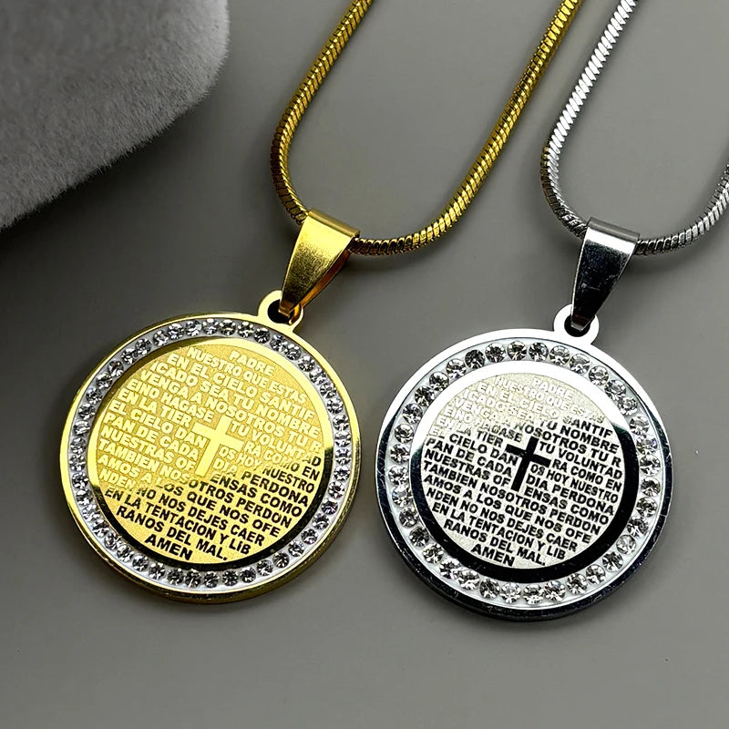 Bible Verse Cross Rhinestones Chain Necklace for Women Men Stainless Steel Spanish Our Father Medal Lord's Prayer Jewelry Gift