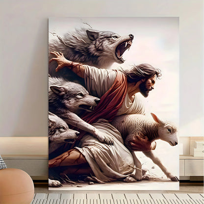 1pc, Protecting a Lamb from Wolves- Powerful Spiritual Protector Art framed canvas artwork for home and office decoration