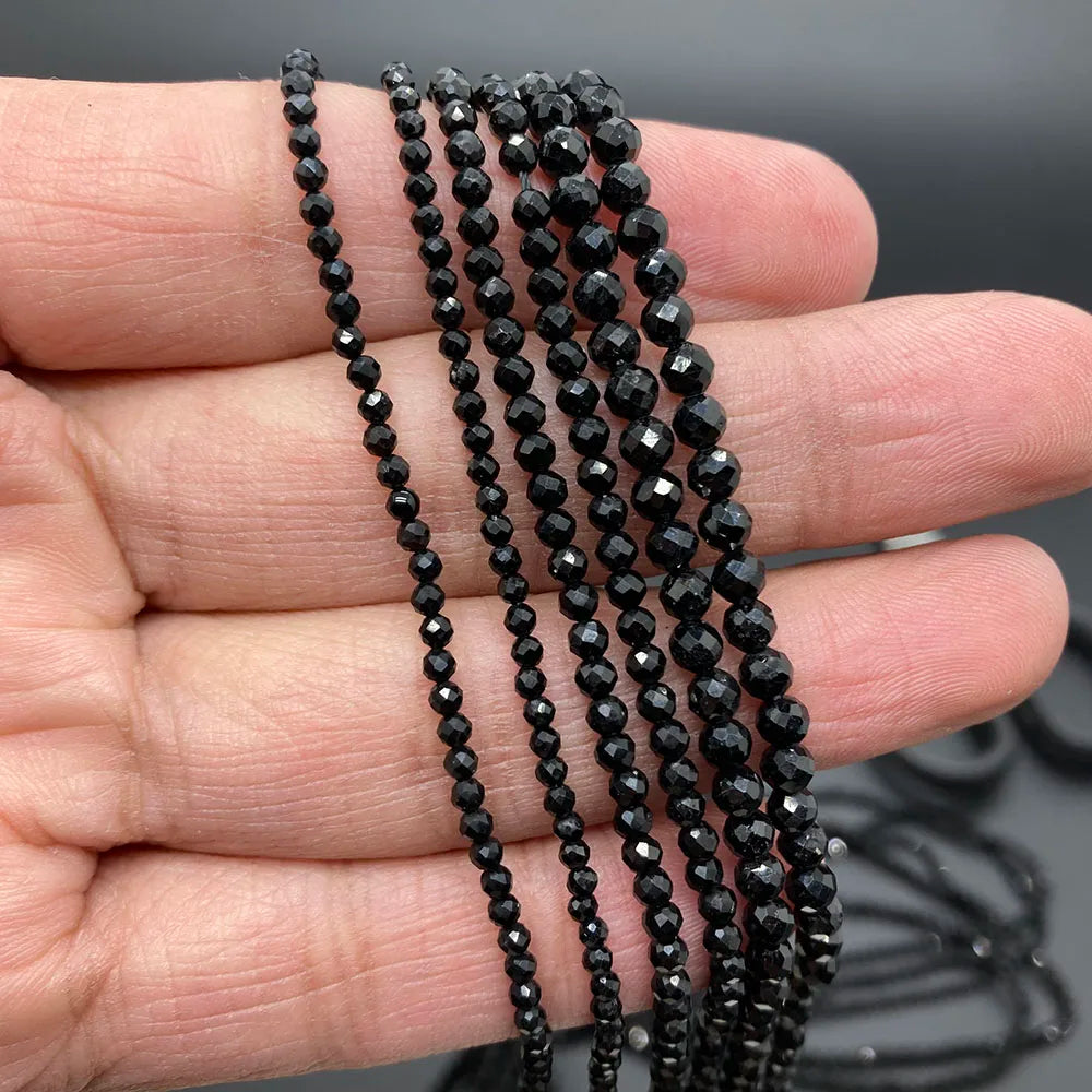 2mm 3mm 4mm Black Tourmaline Faceted Round Stone Natural Crystal Energy Loose Gemstone For DIY Men Women