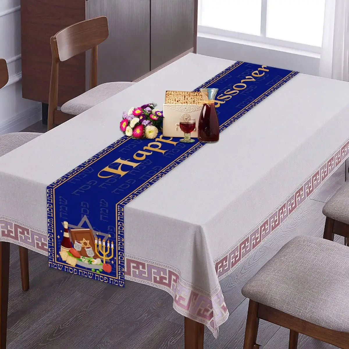 Happy Passover Linen Table Runner Passover Decorstions Jewish Pesach Seder Plate Star of David Table Runners Holiday Party Decor