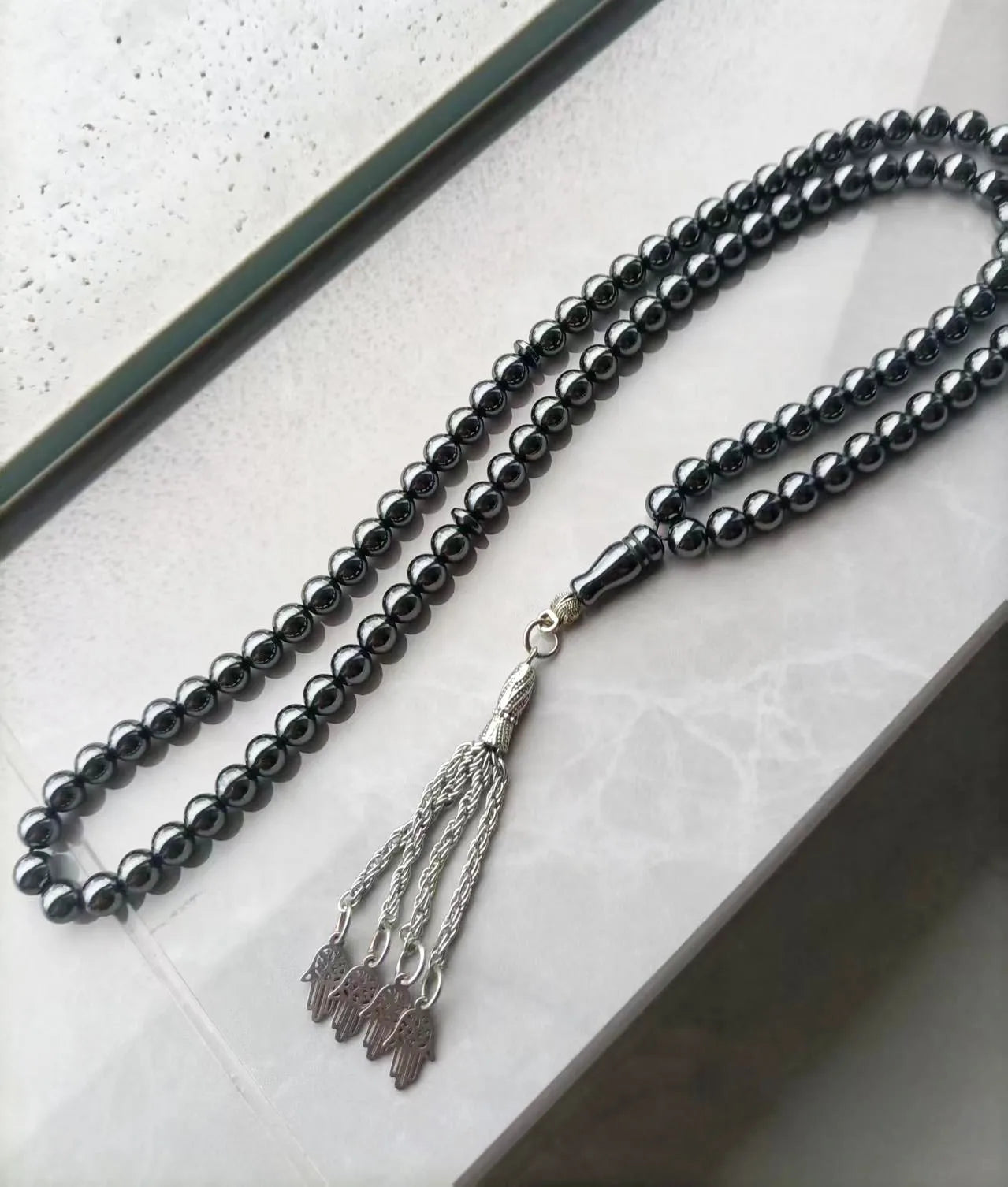 100% Natural 33 hematite Fatima/Hamsa jewelry Muslim rosary prayer beads Tasbih tesbih Allah Masbaha Misbaha sibha subha
