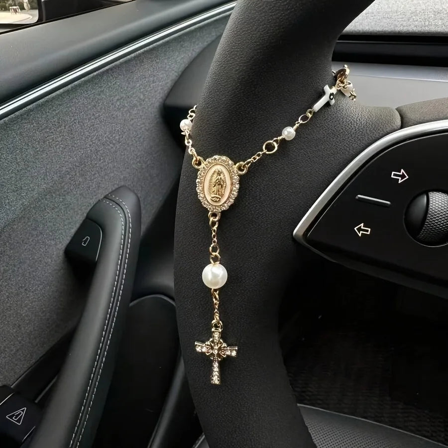 Car Steering Wheel Prayer Beads, Evil Eye Cross Virgin Mary Bracelet, Aluminum Pendant Keychain, Baptism Decor & Car Accessory