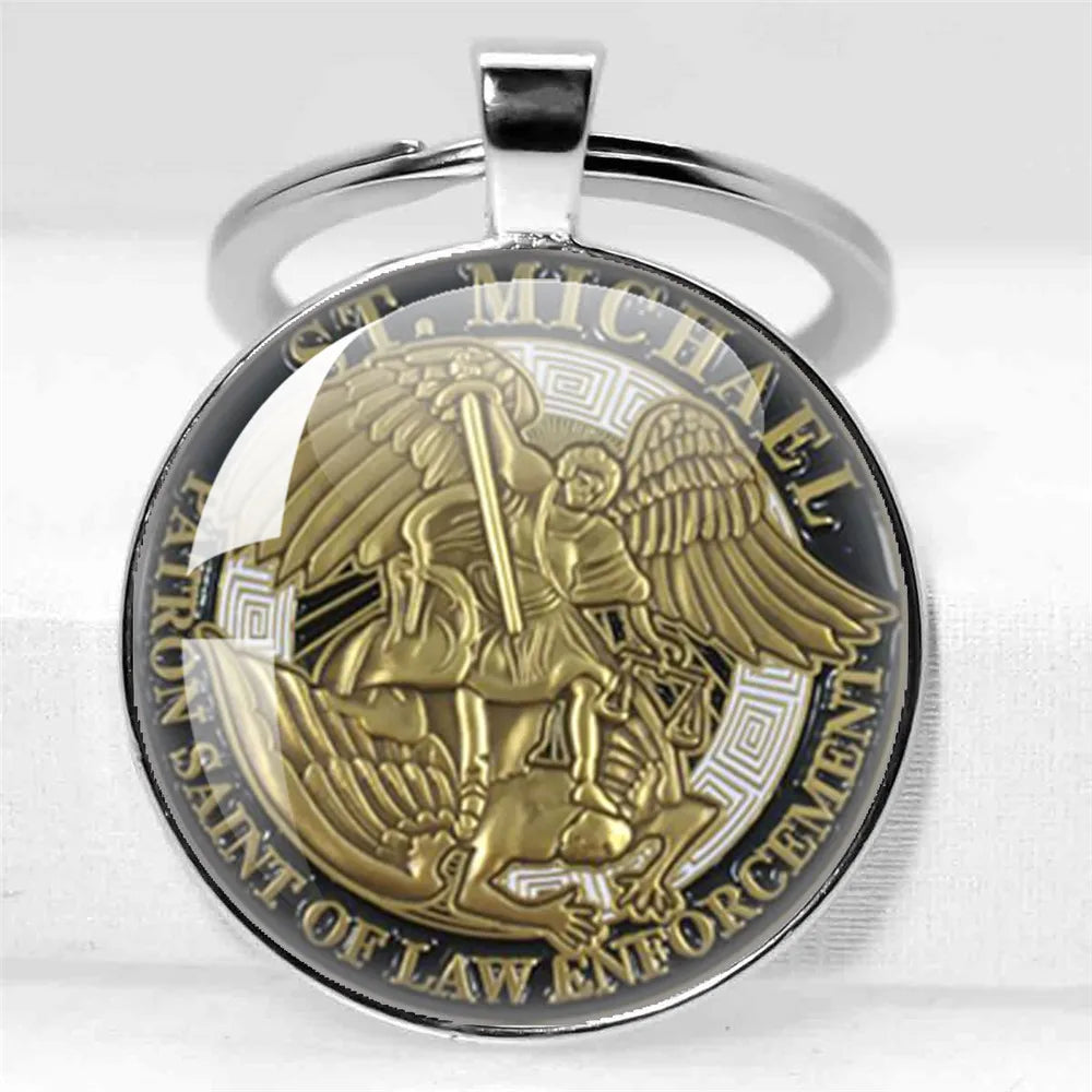 25mm/30MM Archangel Saint Michael Protect Me Holy Shield Angel Protection Glass Pendant Christian Keychains Jewelry Gift