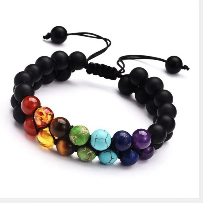 Double Layer 7 Chakra Bracelets for Women Men Indian Yoga Bracelet Chakra Pray Lava Stone Beads Bangles Bracelet Healing Jewelry