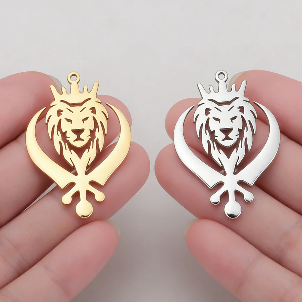 5 pcs Crown Lion King Charms Stainless Steel Sikh Symbol Khanda Pendants for Necklace Keychain Jewelry Making Handmade DIY Gifts