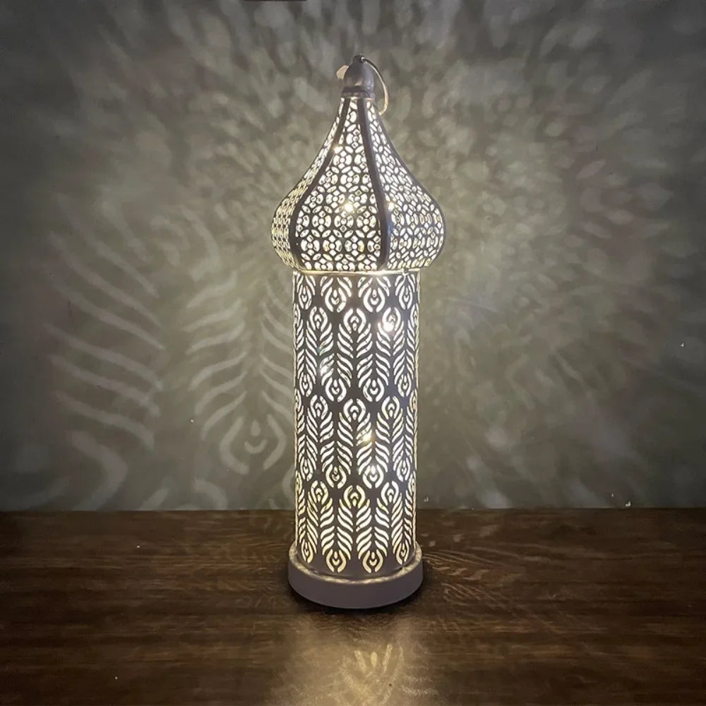 Home Ornament Iron Art Moroccan Night Light Hollow Battery Powered Ramadan LED Light Vintage Masjid Lantern Mosque