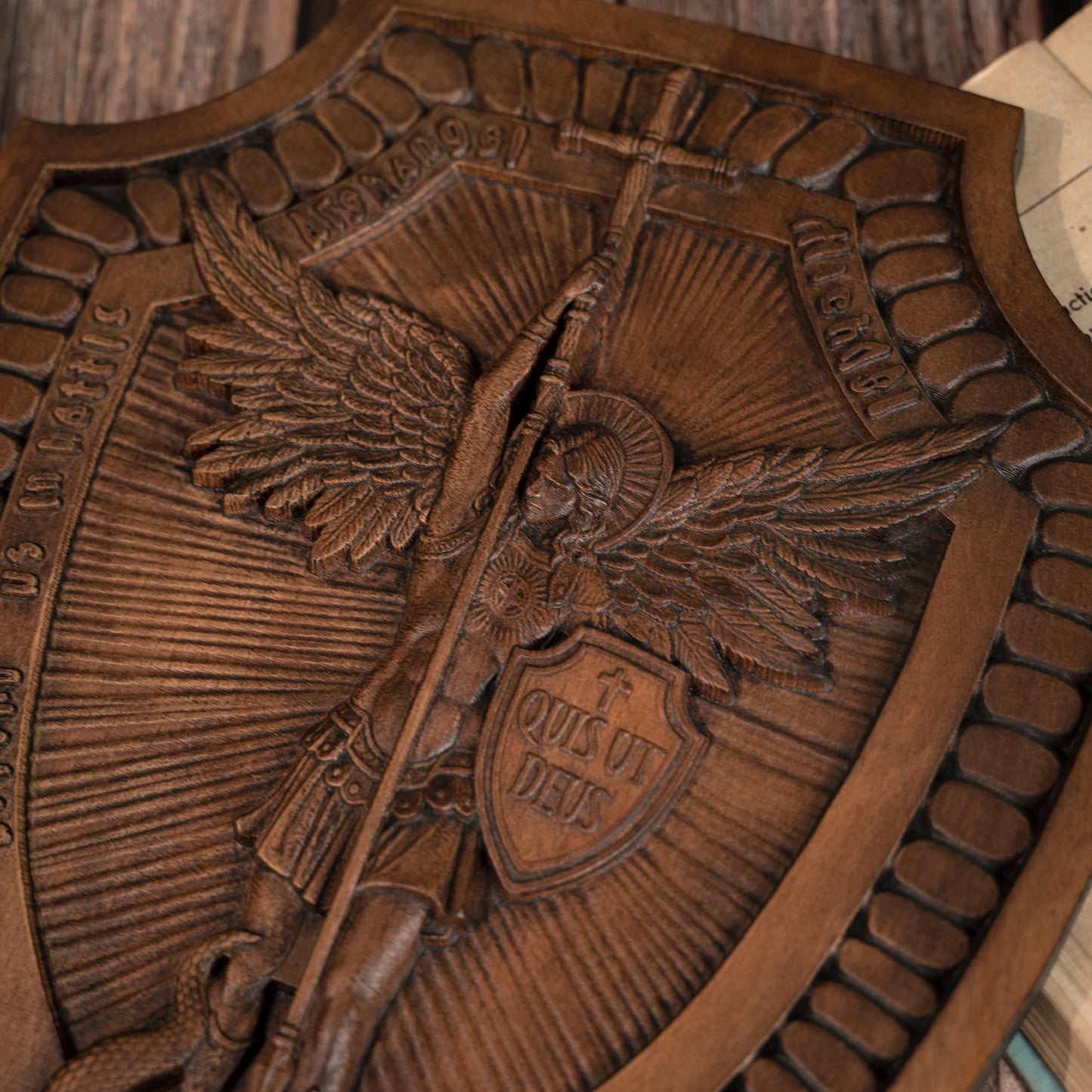 Archangel Michael Shield, Handmade Christian Sculpture, Wooden Icon, Wall Hanging Vintage Wall Art, 14 Inch, Free Shipping