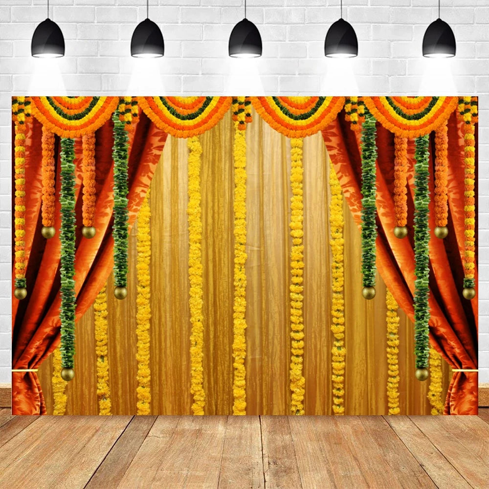 Indian Traditional Photography Background Marigold Green Leaf Hindu Indian Wedding Holi Flowers Garland Anniversary Backdrops