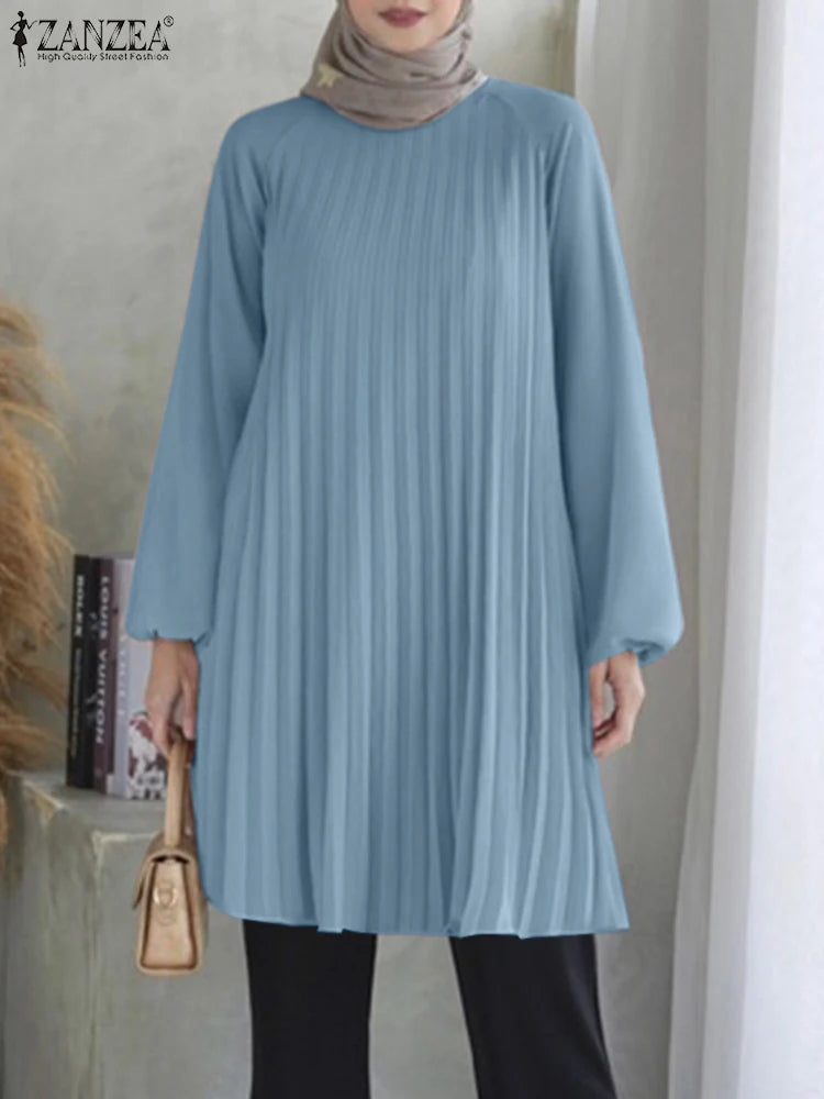 ZANZEA O Neck Islamic Hijab Abaya Blusas Solid Raglan Sleeves Casual 2024 Fall Long Tops Women Pleated Muslim Fashion Blouses