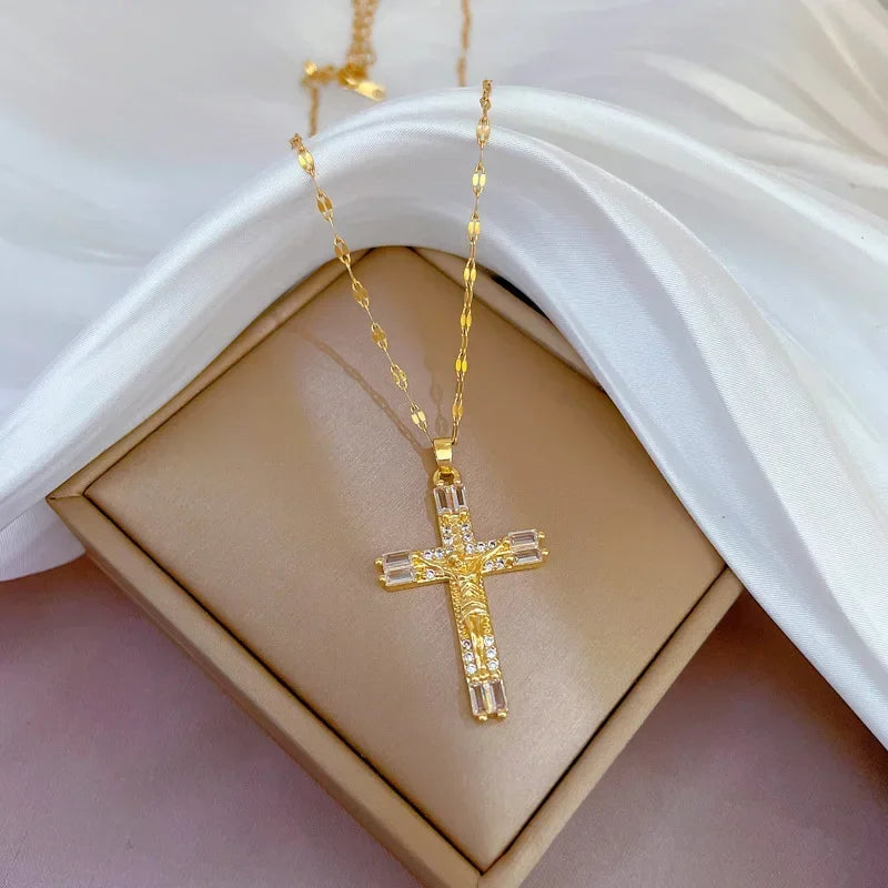Exquisite Gold Color Stainless Steel Inlaid Crystal Cross Pendant Necklace for Women Men Luxury Full of Zircon Chokers Jewelry